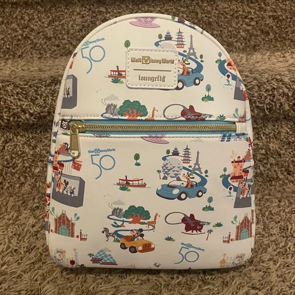 Loungefly Walt Disney World 50th Anniversary Mini Backpack Map AOP NWT